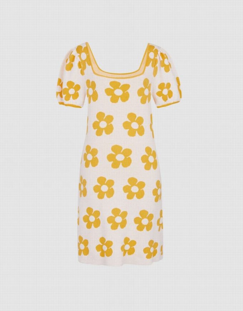 Yellow Urban Revivo Floral Pattern Puff Sleeve Women's Knitted Dress | 59786IPKC