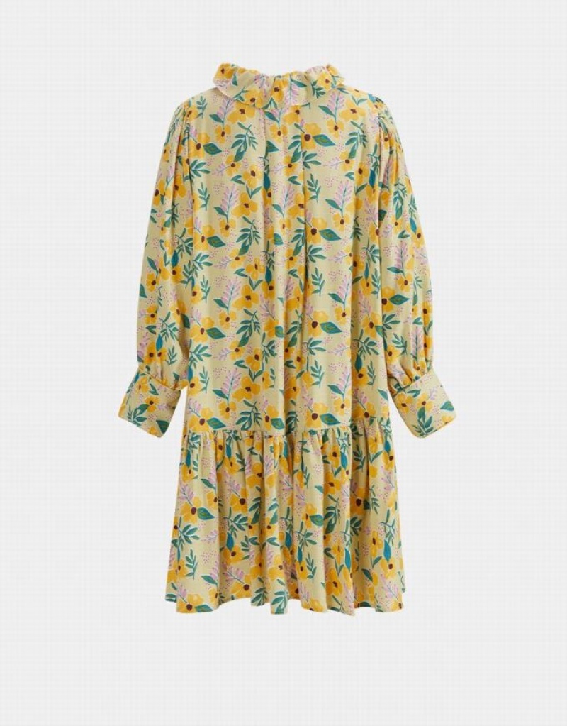 Yellow Urban Revivo Floral Print Knot Front Ruffle Hem Women's Casual Dress | 35207LRPA