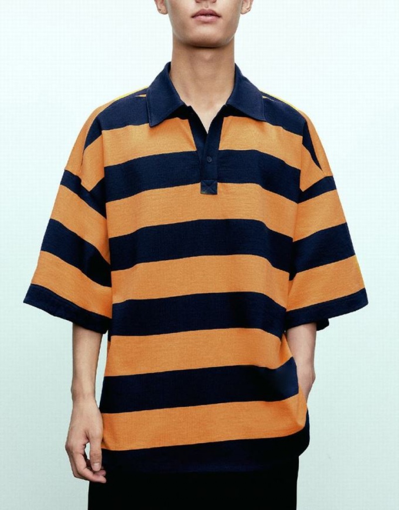 Yellow Urban Revivo Oversized Striped Men's Polo Shirts | 37960JIGZ