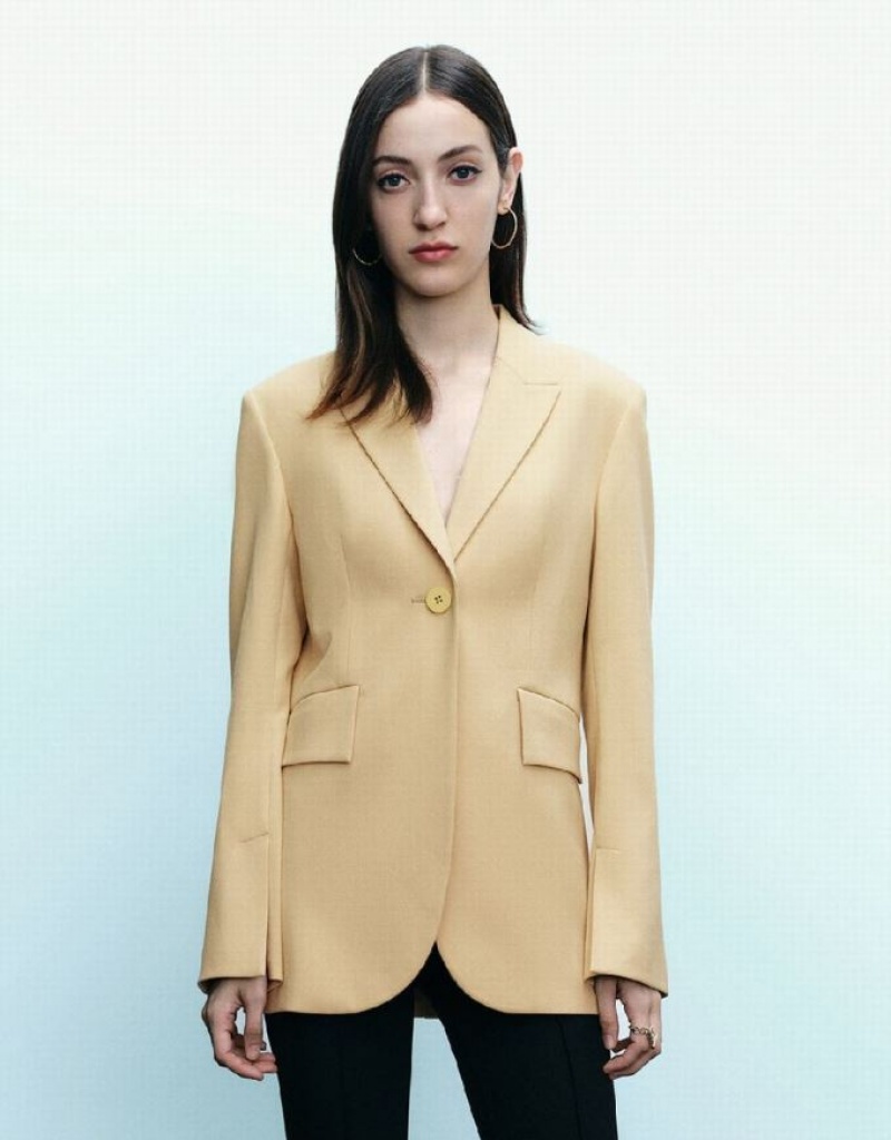 Yellow Urban Revivo Peaked Lapel Straight Women\'s Blazers | 92685YKUZ