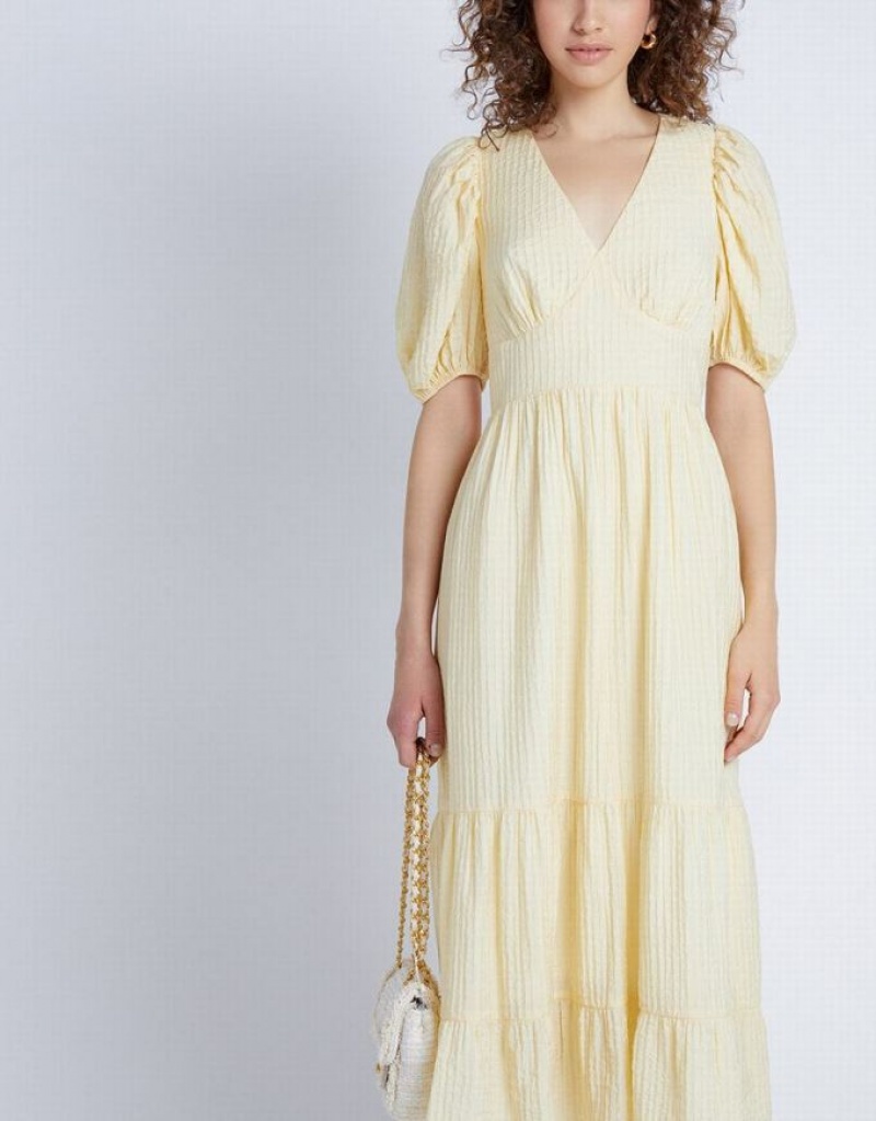 Yellow Urban Revivo Puff Sleeve Tiered Midi Women's Midi Dress | 86493IROQ