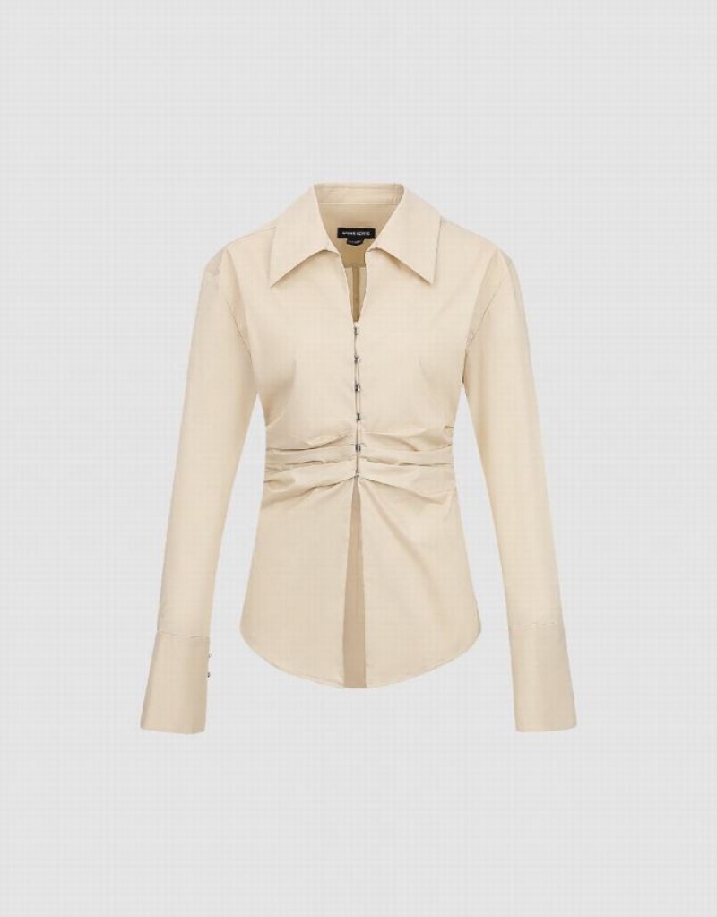 Yellow Urban Revivo Ruched Lapel Skater Women's Shirts | 31590IGWJ