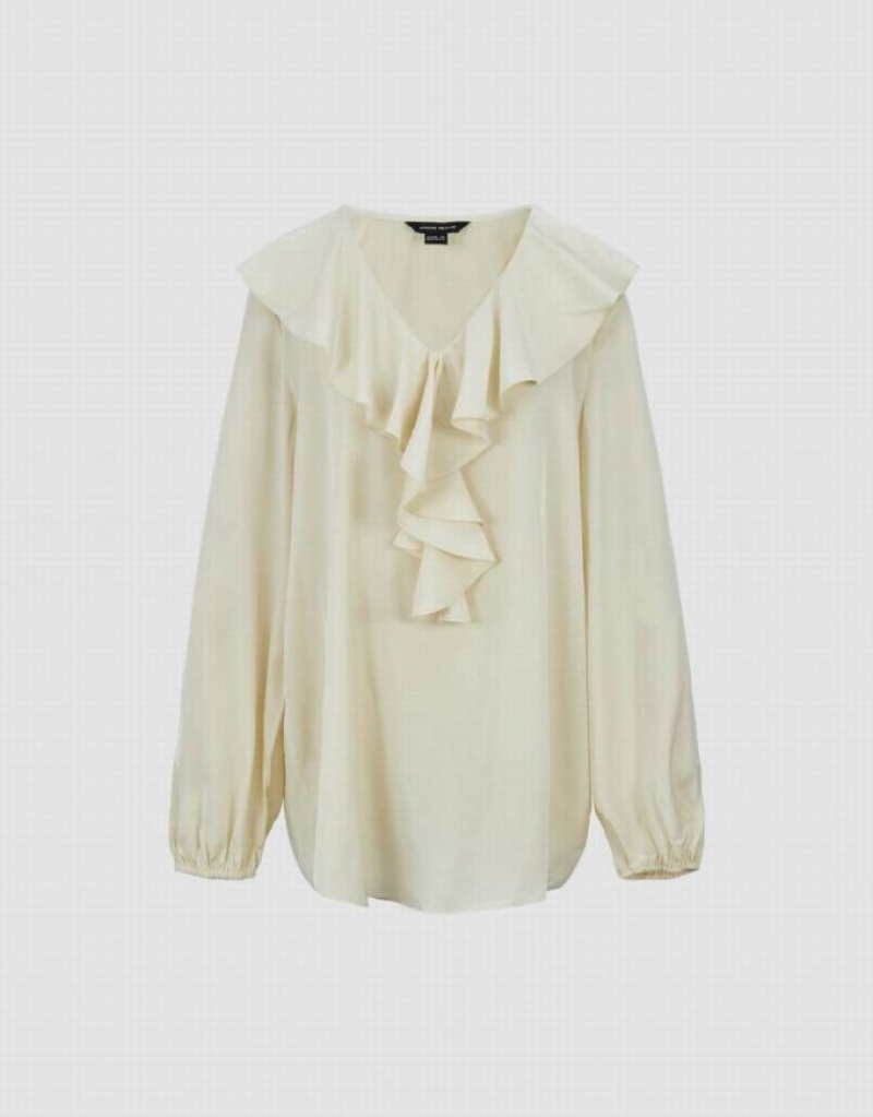 Yellow Urban Revivo Ruffle V-Neck Overhead Women's Blouse | 92140UTON