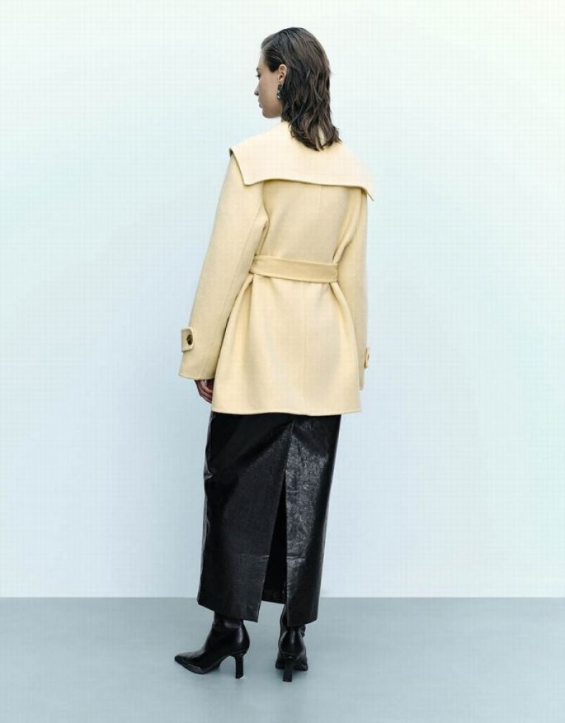 Yellow Urban Revivo Sailor Collar Neck Straight Women's Coats | 41906UNQC