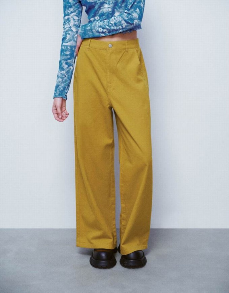 Yellow Urban Revivo Straight Women's Pants | 58316QNES