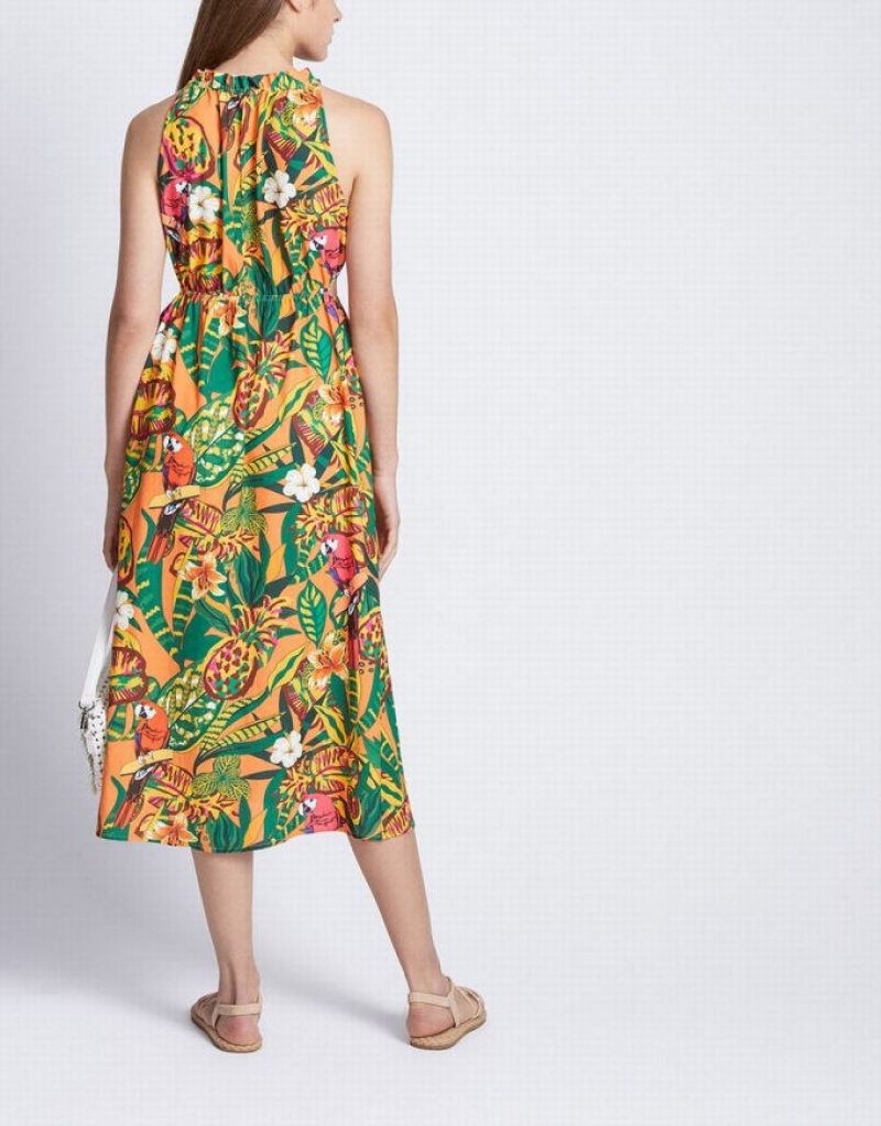 Yellow Urban Revivo Tropical Print Cut Out Sleeveless Midi Sun Women's Midi Dress | 71306OSWV