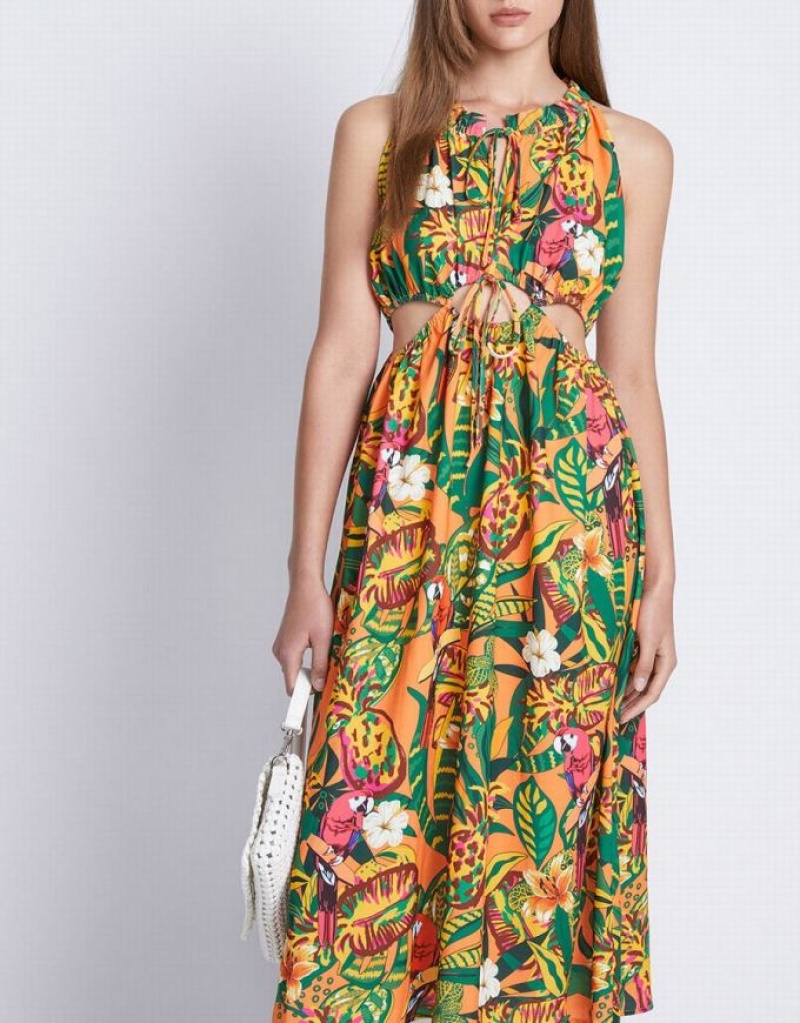 Yellow Urban Revivo Tropical Print Cut Out Sleeveless Midi Sun Women's Midi Dress | 71306OSWV