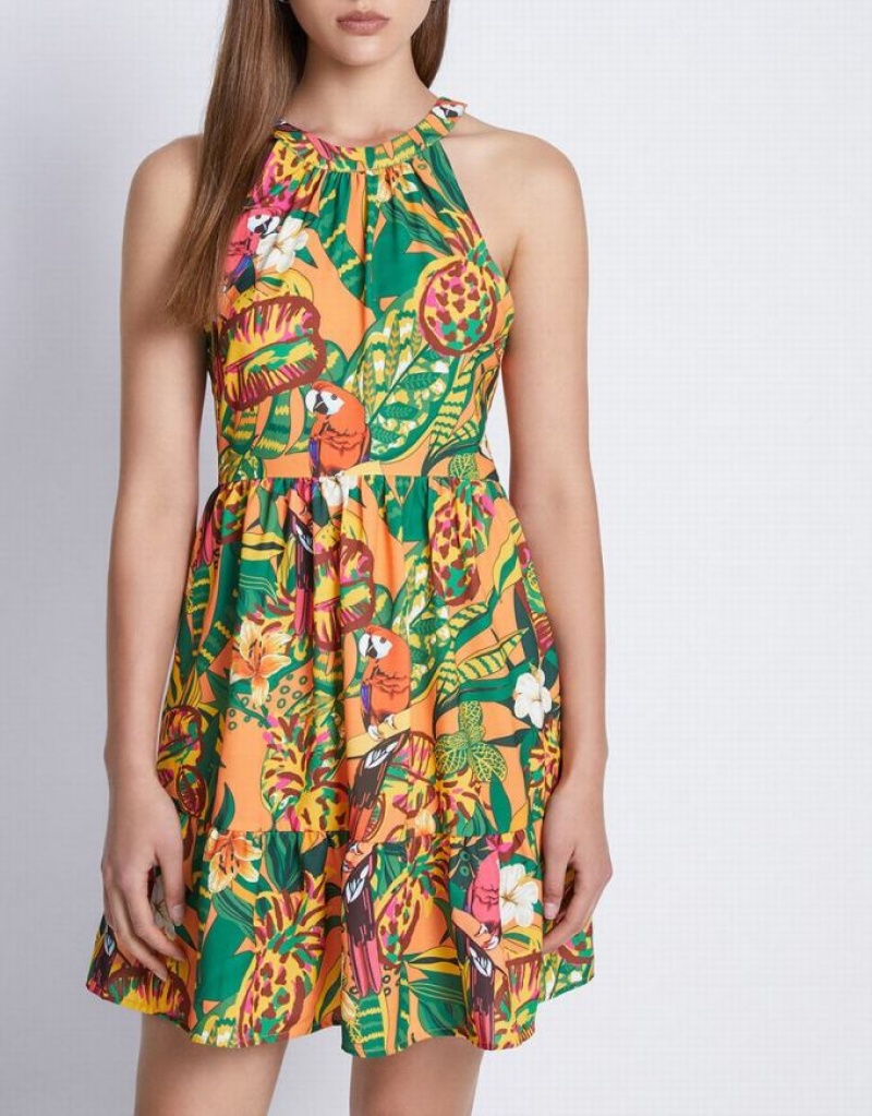 Yellow Urban Revivo Tropical Print Sleeveless Sun Women's Casual Dress | 87419RGOL